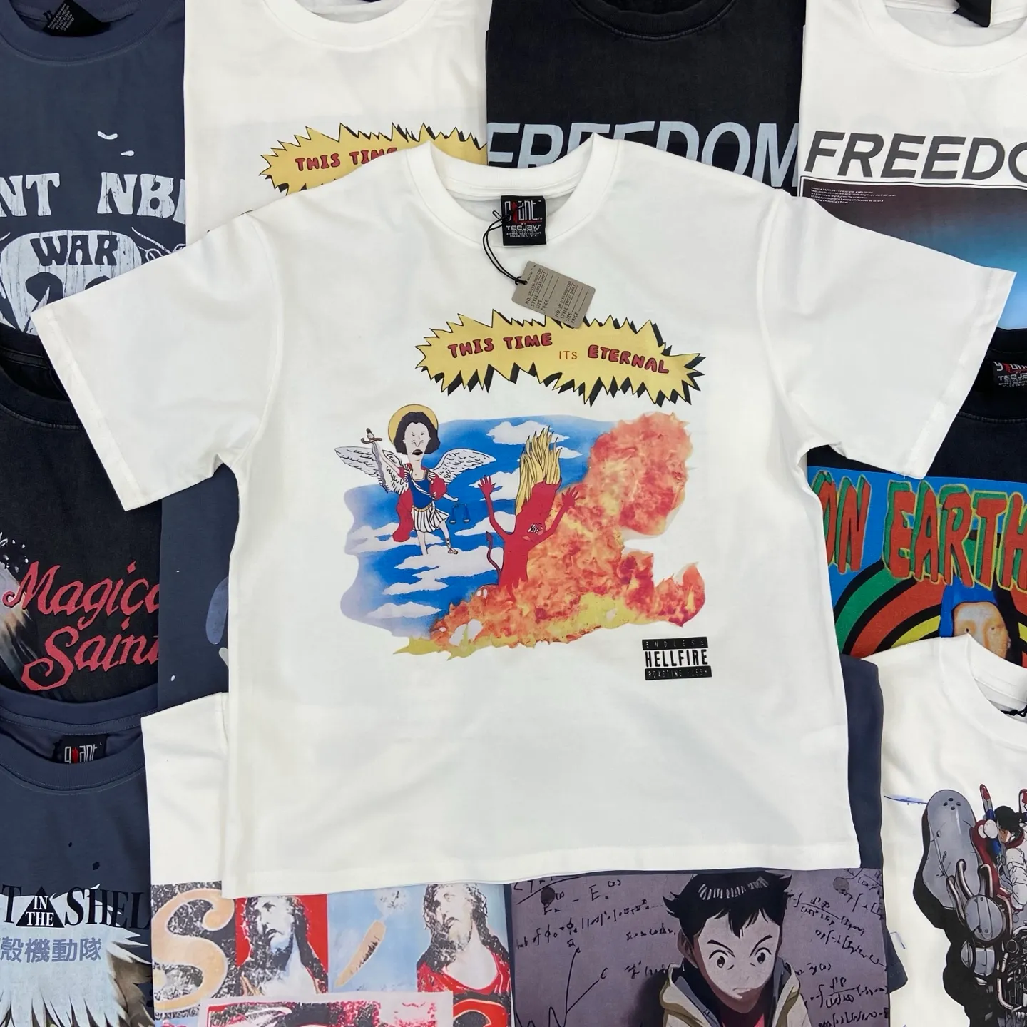 Saint Michael series of new American retro washed and distressed niche printed pure cotton loose short-sleeved T-shirts with digital white ink direct injection, breathable fabrics and three-dimensional and clear patterns. Fabric: Double yarn 240g Size: S-M-L-XL